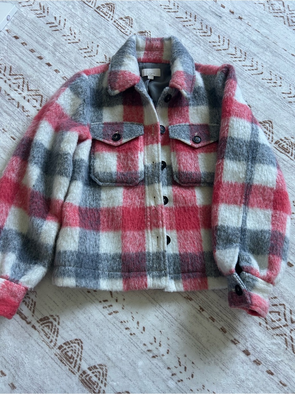 LOFT Red, Gray & Cream Plaid Teddy Shacket